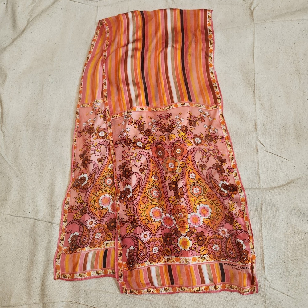 Adrienne Landau Studio Vintage Silk Scarf Pink Orange Boho Paisley Floral Strip